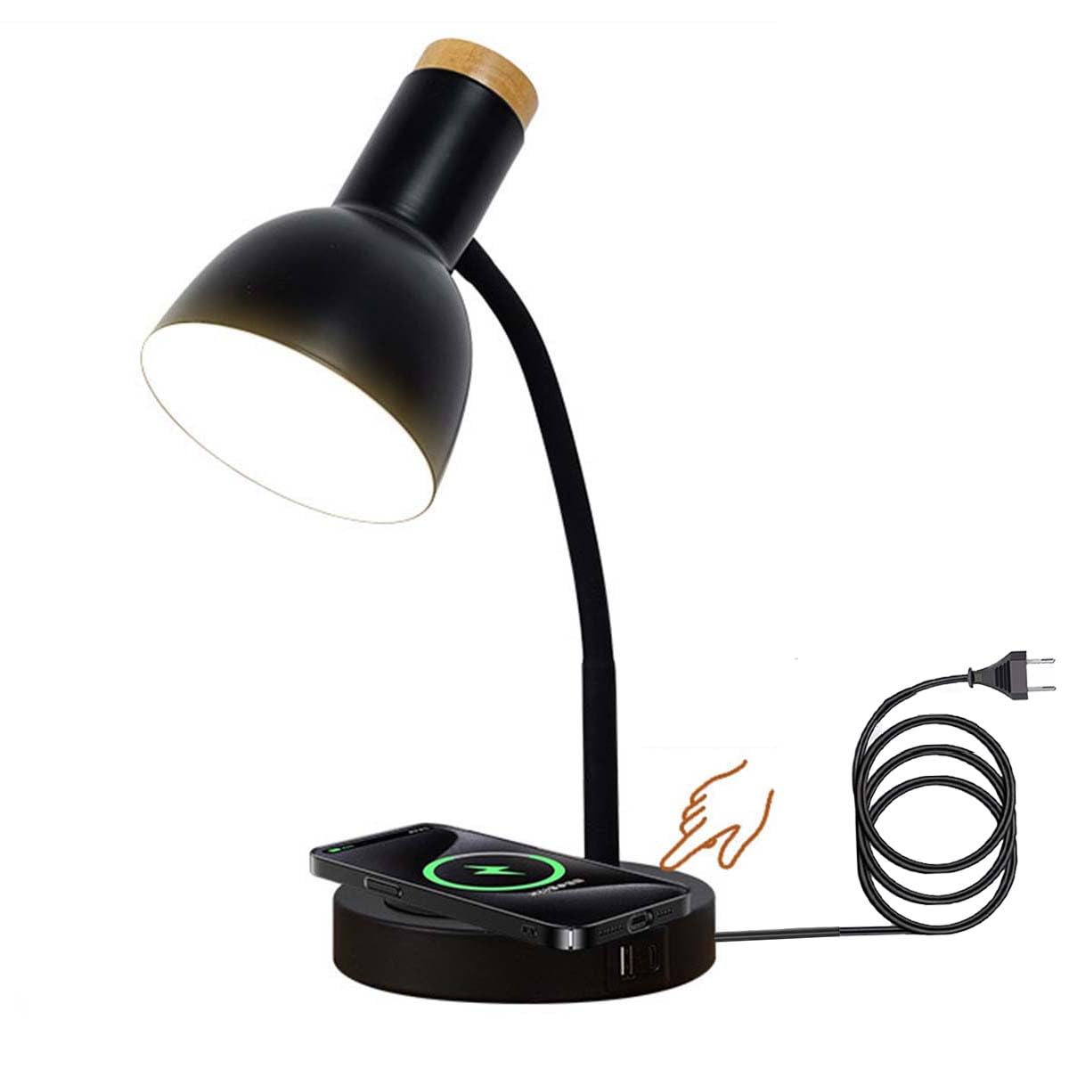 AoLa Lampa biurkowa z przełącznikiem dotykowym, Regulowana lampa biurkowa na gęsiej szyi ze złączem ładowania bezprzewodowego i USB Lampa stołowa z wtyczką i kablem E27 Lampka nocna