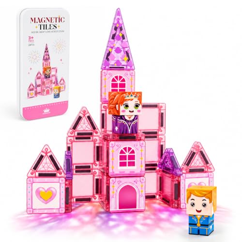 Image of Mini Magnetic Tiles 28PCS Princess Castle Pink Set for Kids Ages 3+