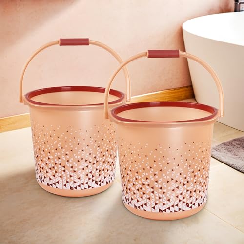 Image of Kuber Industries Pack of 2 Water Bucket for Washing Clothes with Handle | 24 Litres Bathing Balti for Bathroom | Water Storage Container - Essential for Household Chores | Tined- Brown