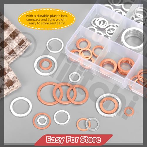 Image of Hilitchi 160Pcs 16 Sizes Oil Drain Plug Gasket Assortment, M6 M8 M10 M12 M14 M16 M18 M20 Oil Crush Washers Sealing Washers Aluminum Copper Flat Washers for Most Automotive