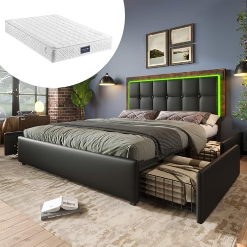 Goldicoo Estructura de cama con iluminación LED, cama tapizada de 140 x 200 cm, piel sintética, color negro, 4 cajones, cabecero regulable en altura, cama doble con colchón