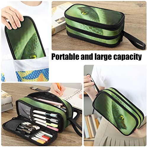 Image of Fustylead Green Snake Large Pencil Case, Minimalist Portable Stationery Bag Cosmetics Bag with Handle for Middle High College School Office Travel
