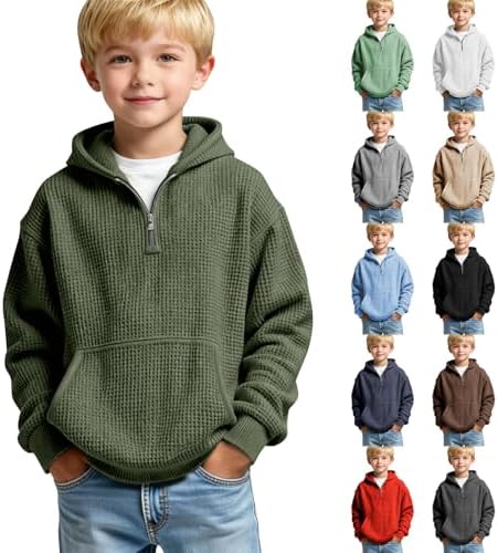 Boys Quarter Zip Hoodies - Waffle Knit Kids Long Sleeve Hooded Sweatshirts Teens Pullover Tops Clothes 4-14 Years