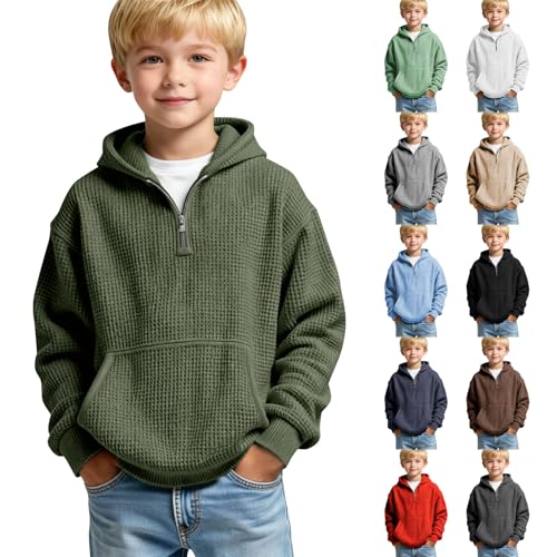 gsatuba Boys Quarter Zip Hoodies - Waffle Knit Kids Long Sleeve Hooded Sweatshirts Teens Pullover Tops Clothes Army Green Toddler boy sweatshirt Size 5-6 Years