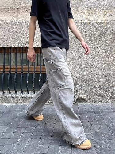 Mens Baggy Cargo Jeans Boys Mid Rise Relaxed Fit Y2K Grunge Denim Pants with Pockets 90s Hip Hop Streetwear Trousers3