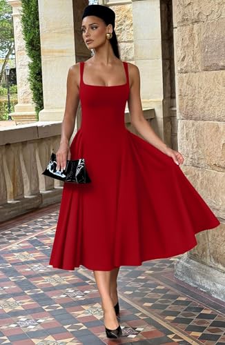 Memoriesea Women\'s Elegant Square Neck Swing A Line Wedding Evening Party Midi Dress Red