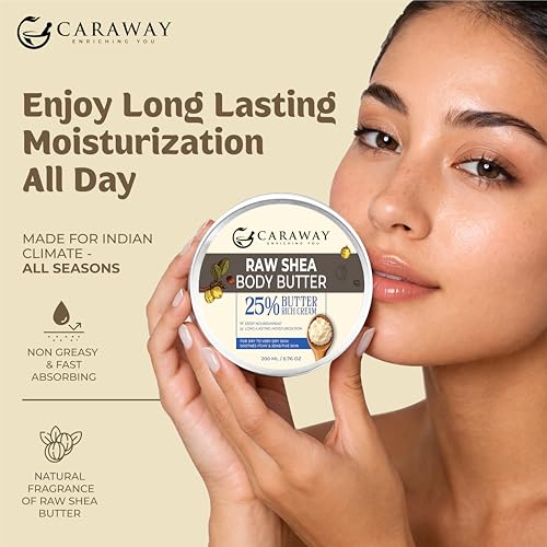 Image of CARAWAY 100% Raw Shea Butter Organic Body Cream for Dry to Very Dry Skin | Long Lasting Moisturizer | Non-Sticky All Season Formula | 100 g