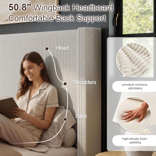 Image of HOWE Queen Size Bed Frame with 50.8 Inch Corduroy Wingback Headboard, Cream | Modern Upholstered Platform Bed, Solid Wood Slats, No Box Spring Needed, Noise-Reducing Design