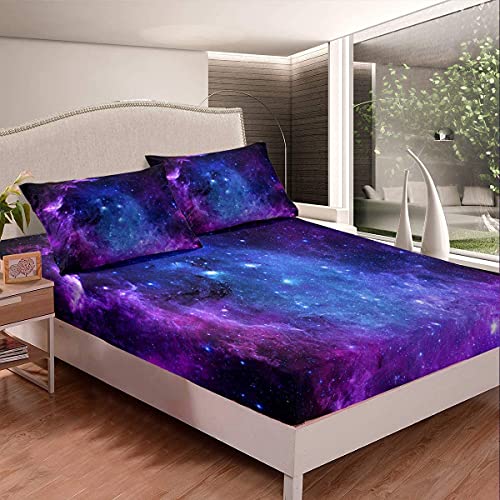 Loussiesd Galaxy Bedding Set Kids Girls Single Bed Sheets Outer Space Universe Starry Sky Sheet Set Teens Women Ultra Soft Purple Stars Deep Pocket Fitted Sheet+ Flat Sheet + Pillow Case - Image 2