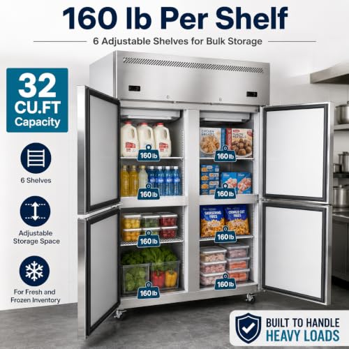 Image of InnerCalm 48 inchW 4 Door Commercial Refrigerator Freezer Combo | 32 Cu.Ft dual zone storage with 6 adjustable shelves, stainless steel body, lockable casters, door locks and auto defrost.