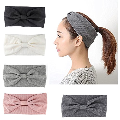 Yeshan 4" Wide Elastic Cotton Bow Knot Headband/ Bandana Headbands / Head wrap / Yoga Headband / Turban /HairBand for Sports or Fashion,Pack of 5