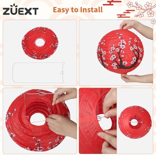 Image of 6 Pcs Red Paper Lanterns Decorative 10x12 Inch, ZUEXT Cherry Blossom Hanging Round Chinese /Japanese Lantern for Festival Theme Birthday Party Wedding Home Yard Japanese Eateries Decor Oriental Style