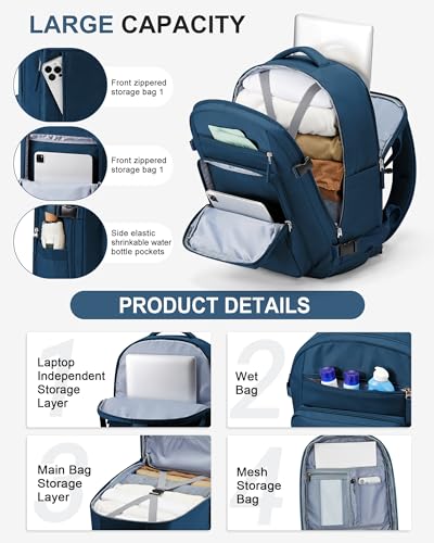Lightweight Travel Backpack For Women Men Carry On Backpack Flight Approved Travel Bag Personal Item Waterproof Luggage Backpack With Shoe & Laptop Compartment(Blue)3