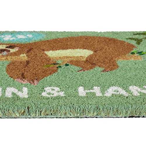 Relaxdays Fußmatte Kokos 'Come In & Hang Out', Faultier-Motiv, Türmatte außen & innen, Kokosmatte 60x40 cm, grün/braun