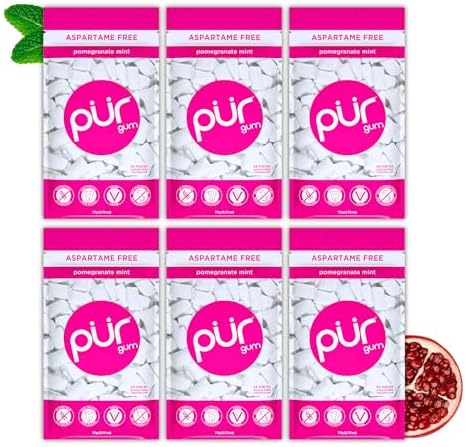 PUR Gum | Zuckerfreier Kaugummi | Mit Xylit | Vegan, Aspartamfrei & Glutenfrei | Natürlicher Kaugummi Mit Pomegranate Mint Geschmack, 55 Stück (6er Pack)