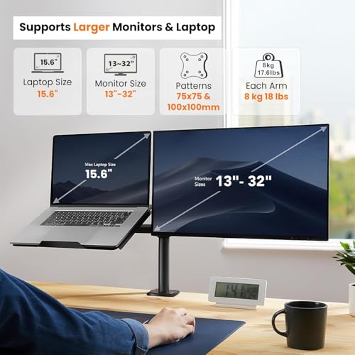 Image of Dyazo Dual Monitor Desk Mount with Laptop Tray | Fits 13-32 inch Monitors & 10-15.6 inch Laptops | Fully Adjustable Arms with Height Adjustment & 360 Rotation | Dual Mount with C-Clamp /Grommet Base (Black)
