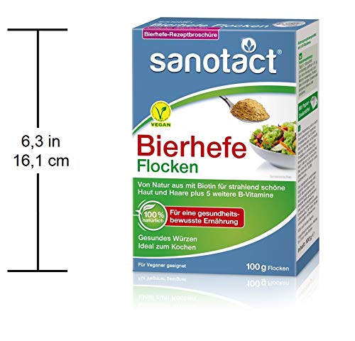 sanotact Bierhefe Flocken • 100g natürliche Bierhefeflocken • Mit Biotin und 6 B-Vitaminen für Haut Haare Nägel • Ideal als veganer Parmesan, zum Kochen, Würzen, etc. (Packung mit 2)