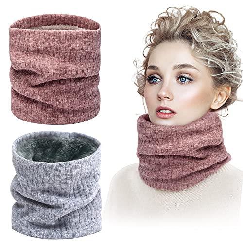 skytowards 2 PCS Tour de Cou Femme Hiver, Cache Cou Tricoté Chaud et Doux Écharpe Tour de Cou Polaire Doublure Coupe-vent Cache Cou Echarpe pour Ski Moto Bicyclette Randonnée (gris + rose)