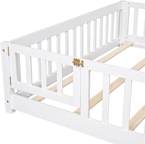 Miniatura 6 de JINS&VICO Marco de cama tamaño Queen, cama Montessori con valla y puerta, cama de plataforma de madera con 7 listones de madera para niños y niñas,