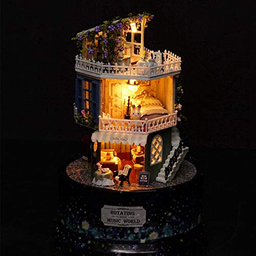 Bruryan DIY Puppenhaus - DIY Puppenhaus Traumhaus Miniatur mit rotierender Spieluhr Staubschutz LED-Licht – Bild 3