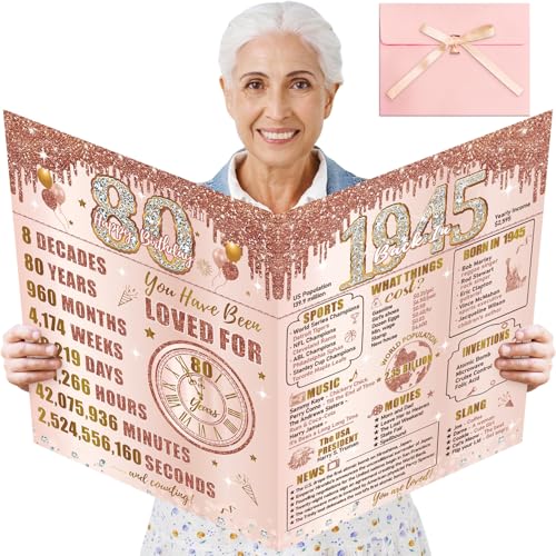 Turypaty Large 80th Birthday Card With Envelope for Women, Pink Rose Gold The Year 1945...