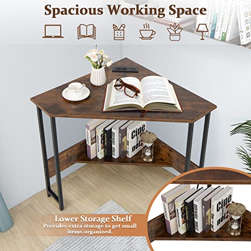 Costway Corner Computer Desk, With Usb Ports & Power Outlet, Storage Shelf For Small Space, Triangle Steel Frame Corner Desk For Home Office, Workstation (Rustic Brown) #TOP3