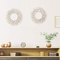 Vista 4 de Garneck Tapiz tejido de macramé, 13.5 pulgadas para colgar en la pared, flecos redondos bohemios, decoración de pared estilo nórdico, decoración