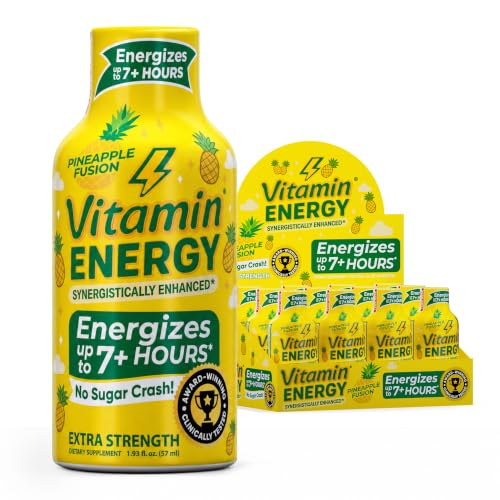Image of Vitamin Energy Pineapple Fusion Extra Strength Energy Shot, 8 Pack - Up to 7 Hrs, 260mg Natural Caffeine, Zero Sugar - Green Tea Extract, Immune Support, B12 B6 Niacin, 1.93 fl oz, Keto Vegan