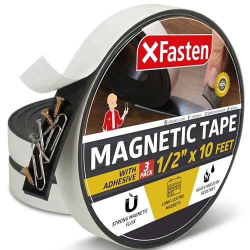 XFasten 1/2-Inch X 10-Foot, Pack of 3 Strong Magnetic Tape Roll, Sticky Magnetic Strips with Adhesive Backing for Crafts, DIY, Walls, Heavy Duty Magnetic Tape for Whiteboard, Adhesive Magnetic Strips