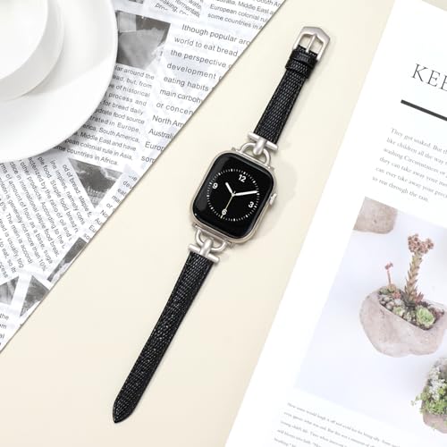 Image of Leather Band Compatible with Apple Watch Bands for Women, Dressy Fancy Strap for iWatch Series 11 /10 /9 /8 /7 /6 /5 /4 /3 /2 /1 /se(38mm 40mm 41mm 42mm,Lizard Black /Starlight)