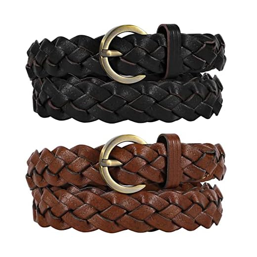 XZQTIVE 2 Pieces Women's Braided Leather Belts Casual Skinny Woven Belt for Jean Pant