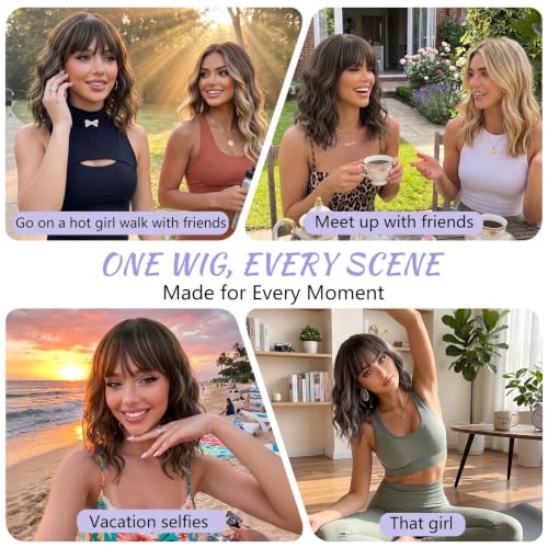 Image of AISI HAIR Bob Curly Wig with Bangs Short Wavy Wigs for Women