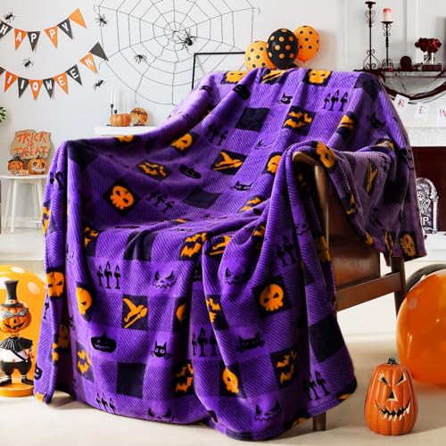 Touchat Halloween Blanket, Fleece Throw Blankets, Buffalo Plaid Throw Blanket for Couch Sofa Bed, Soft Warm Fuzzy Cozy Plush Checkered Blanket, Farmhouse Fall Decor, Purple
