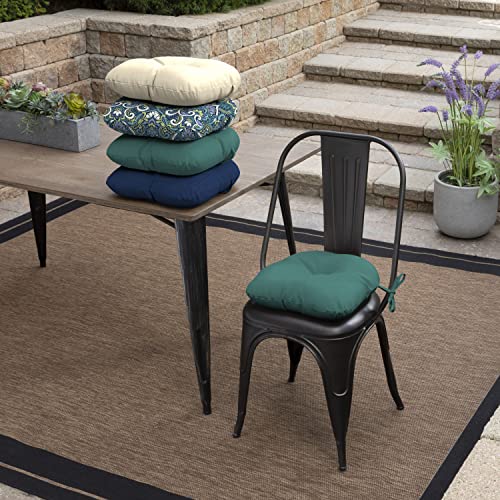Image of Arden Outdoor Tufted Bistro Seat Cushion, Set of 4, 14.5 in x 15 in, Rain-Proof, Fade Resistant Peacock Blue Green Texture