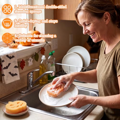 Image of Tioncy 12 Pack Pumpkin Kitchen Sponges Bulk Gothic Dual Sided Scrubber Jack O Lantern Sponges Reuseble Non Scratch Dishwashing Kitchen Cleaning Accessories for Cookware Pot Boiler Pan Household