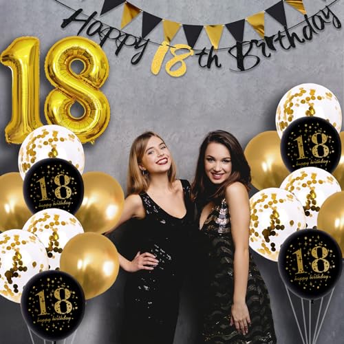 Image of Jobkoo 18th Birthday Decorations, Black Gold 18th Birthday Party Decoration for Boys Girls Golden Black 18th Balloons Cake Topper 18th Banner for 18 Year Old Party Supplies