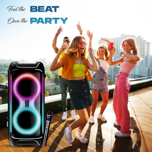 Image of LAPCARE Bloom Wireless Bluetooth Party Speaker, 100W Immersive Pro Sound, Dynamic RGB Light Show, Bass and Treble Control, Type C, Built-in Rechargeable Battery, Splashproof with Wireless Mic (Black)