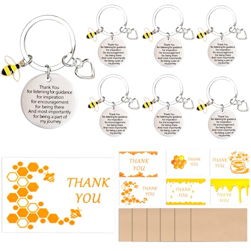 Eyezeeption Thank You Cards for Teacher, 6 Sets Teacher Appreciation Gift Thank You Teacher Gifts Thank You Keyring, Inspirational Keychains Thank You Keychain Bulk Keychain Gifts (Bee Keychain)