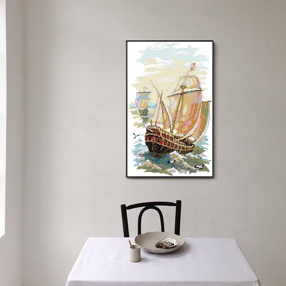 Image of ITSTITCH Stamped Cross Stitch Kits - Full Set of Embroidery for Beginners or Adults,14 CT 2 Strands DIY Sail Away Patterns Counted Arts Craft 11.4x16.9 inch