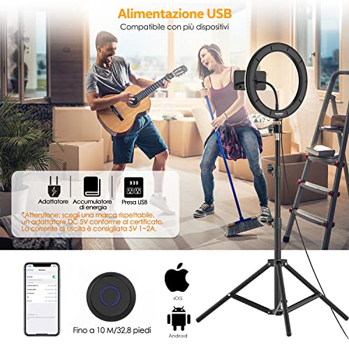 Luce ad Anello, 10’’ Ring Light per Selfie con Treppiede, Anello LED con Telecomando Wireless, con 3 Modalità di illuminazione e 10 Luminosità, per Youtube, TikTok, Autoritratto, Streaming live