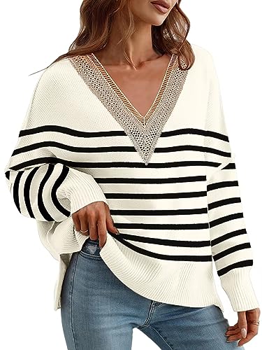 Disamer Women's 2025 Fall Sweaters Trendy Long Sleeve Lace V Neck Color Block Striped Oversized Pullover Knitted Tops2