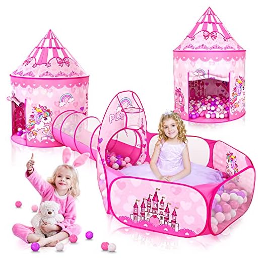 GeerWest 3PC Princess Tent for Girls with Kids Ball Pit and Crawl Tunnel for Toddlers, Pink Pop Up Playhouse Toys Indoor& Outdoor for Birthday Gifts