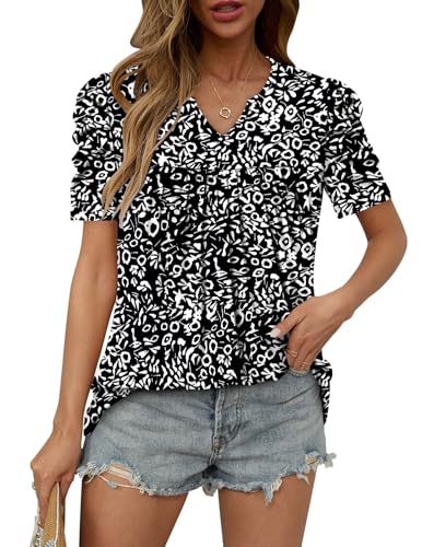 KISSMODA Tops for Womens Summer Cute Short Sleeve Shirts Trendy Notched Neck Blouses Casual Loose Pleated Tunics S-3Xl