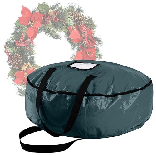 Christmas Wreath Storage Bag - 24-Inch Zippered Tote with Handles - Plastic Container for Artificial Holiday Wreaths and Garlands by Elf Stor (Green)