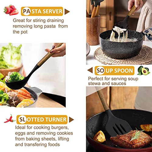 Silicone Cooking Utensil Set, Umite Chef 8-Piece Kitchen Utensils Set With Natural Acacia Wooden Handles,Food-Grade Silicone Heads-Silicone Kitchen Gadgets Spatulas Set For Nonstick Cookware- Black #TOP4