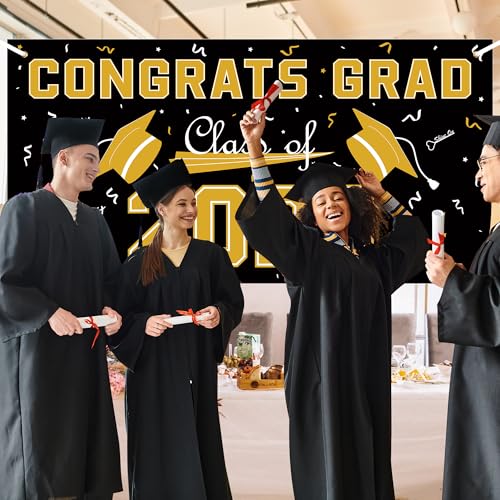 Image of 2026 Graduation Decorations - Black Gold Polyester Graduation Backdrop - Graduation Party Decorations - Congrats Grad Banner - Graduation Decorations Class of 2026 2027,Graduation Party Favors Supplies Yard Sign
