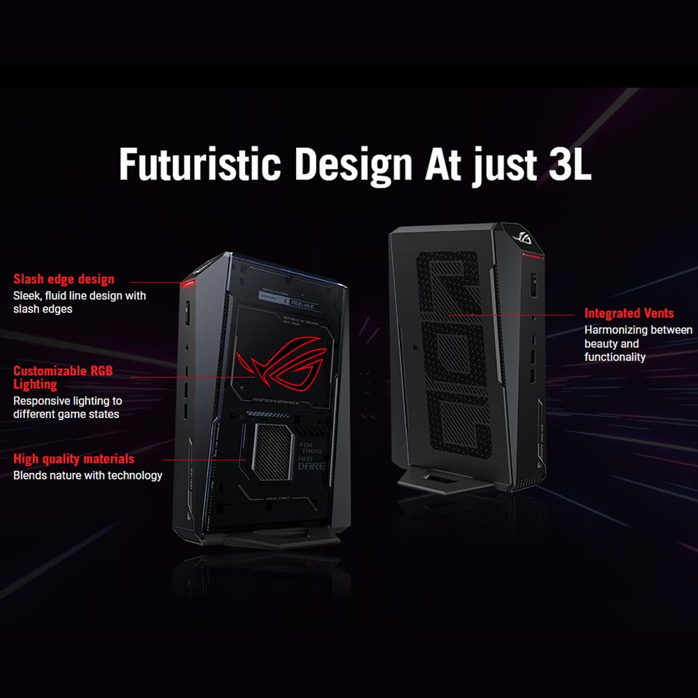 ROG NUC 2025 Mini PC con Intel Core Ultra 9 275HX, GPU GeForce RTX 5080, DDR5 da 32 GB, SSD da 1 TB, raffreddamento a tripla ventola, supporto per cinque display 4K, Wi-Fi 7, per giochi e AI.