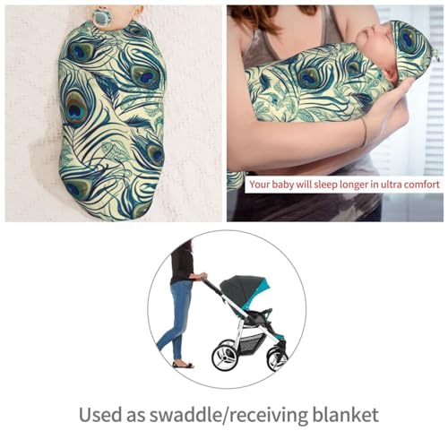 Image of Peacock Feather Newborn Swaddle Blankets Hat Sets Soft Baby Receiving Blanket Swaddle Sack for Baby Shower Infant Boy Girl Gift