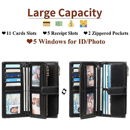 Image of GOIACII Large Wallet for Women Leather Wristlet Black | RFID Blocking, Multi-card Slots, Detachable Wrist Strap, Trifold Clutch Purse