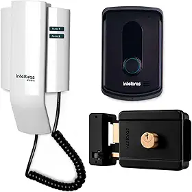 Kit Porteiro Interfone Eletrônico IPR 8010 Residencial Intelbras + Fechadura Elétrica de Sobrepor Cilindro Fixo FX 500 Intelbras